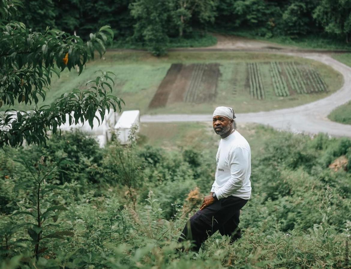 A man stands by a peach tree overlooking a lush green farm