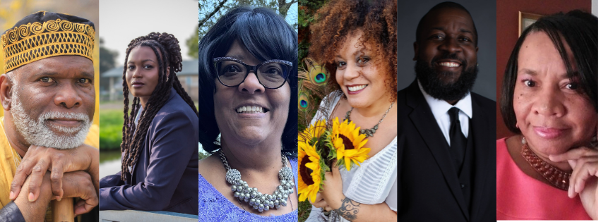 A collage of six individuals, each in a separate vertical section. They display diverse expressions, styles, and backgrounds, highlighting different ages and styles.