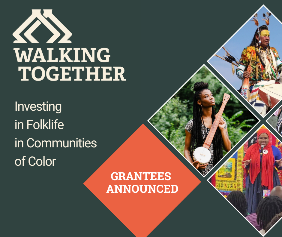 A dark green background with diamond frames containing images of: an artist holding a banjo, an indigenous drummer dressed in regalia, and a woman in a red headscarf performing in a room. 