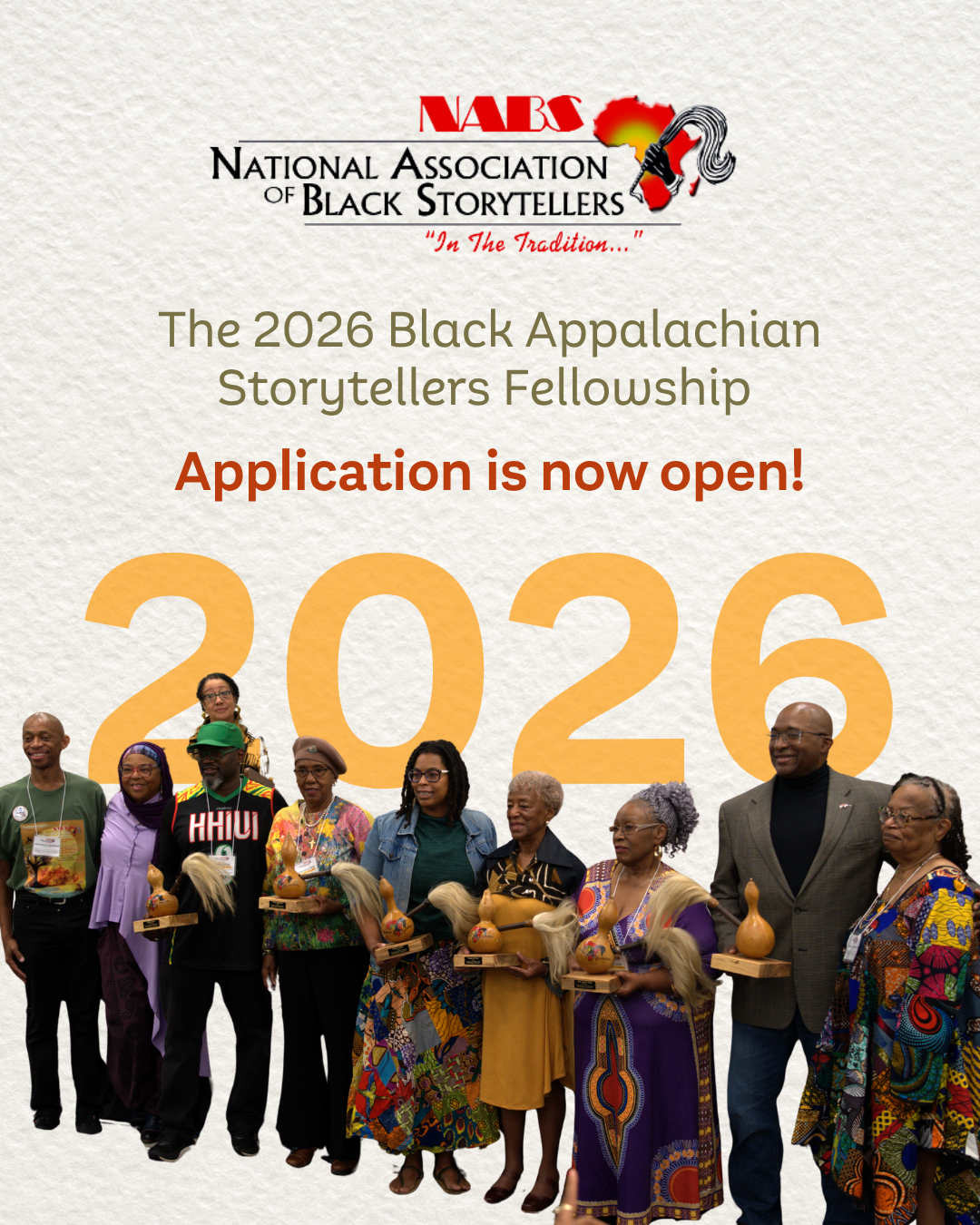 The Black Appalachian Storytellers stand in a row holding gourds by a graphic background