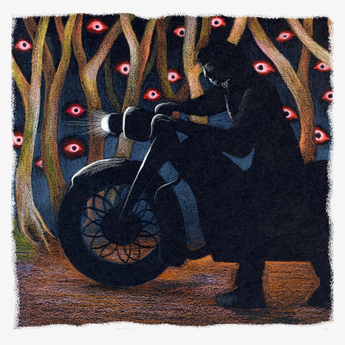 Silhouette of a person on a motorcycle in a forest with glowing red eyes hidden among the trees.