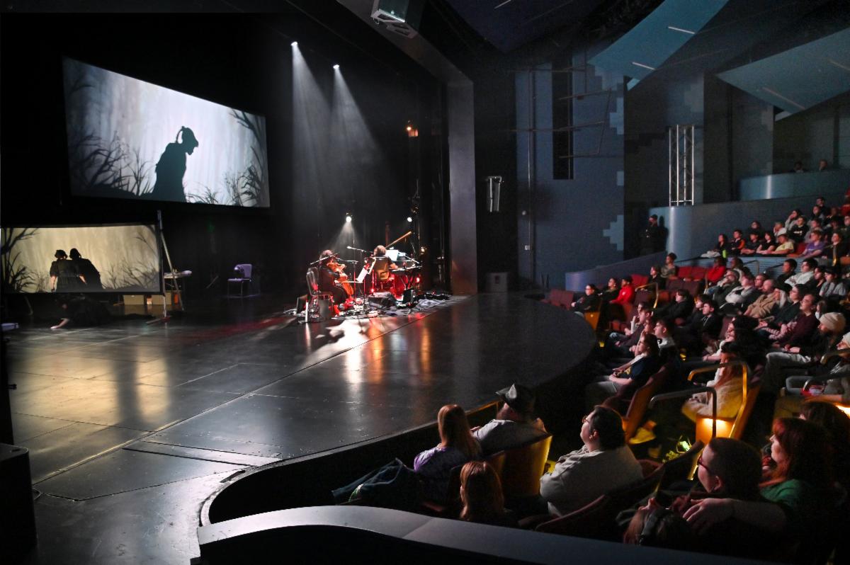 An audience watches Manual Cinema's live performance with shadow puppetry, musicians, and projected silhouettes on a theater stage.