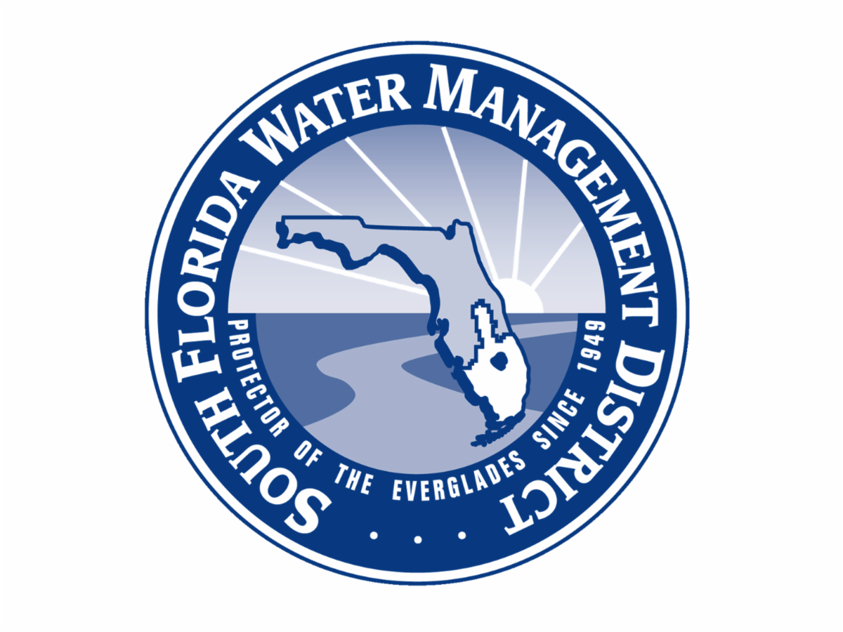 Circular logo of the South Florida Water Management District, featuring a blue outline of the state of Florida with a water drop and sun rays, surrounded by the text "South Florida Water Management District" and "Guardians of the Everglades since 1949."