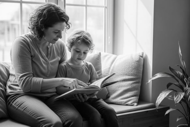 Mom and kid reading