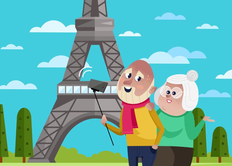 Smiling old couple doing selfie on background of Eiffel tower in Paris. Active elderly concept with retired people around the world. Senior couple traveling by famous attractions illustration.