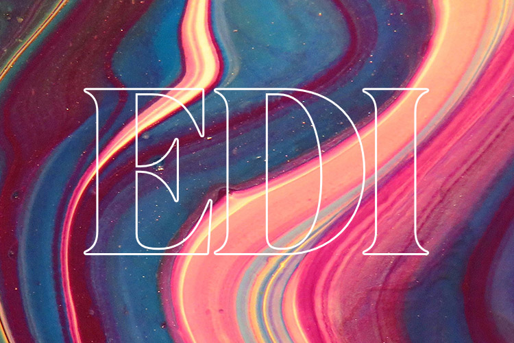 The letters EDI over a colourful background resembling sand or galaxy