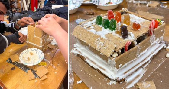 A close-up of gingerbread houses and candy.