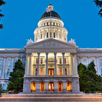 California State Capitol at dusk with lights on