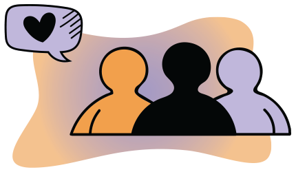 simple illustration of a group of people and a dialogue box with a heart symbol in it