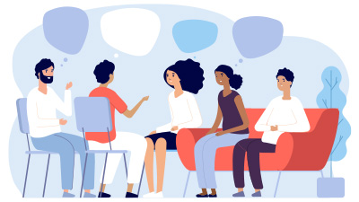 illustration of a group of people sitting together and talking
