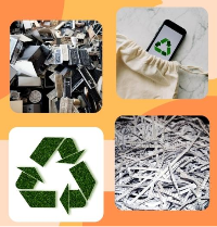 a pile of recycling, the three arrow recycling symbol, a cell phone with the recycling symbol, shredded paper