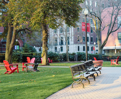 Benches and adirondak chairs on Talbot green