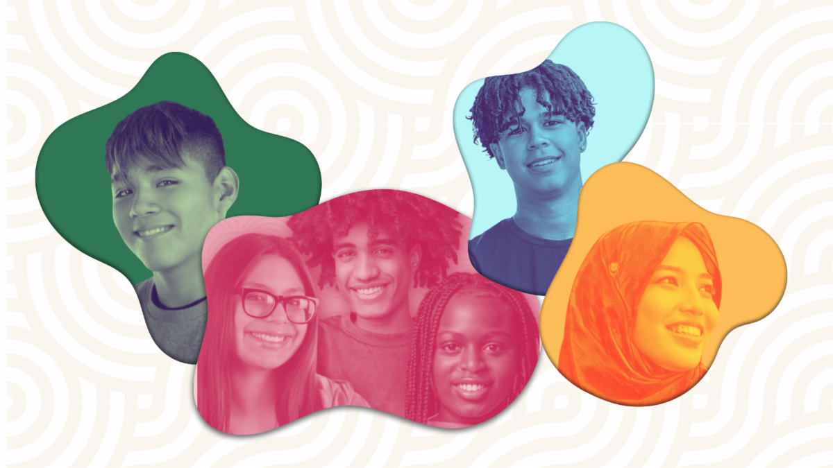 4 headshots of youth in multi-color, blob-shaped digital frames