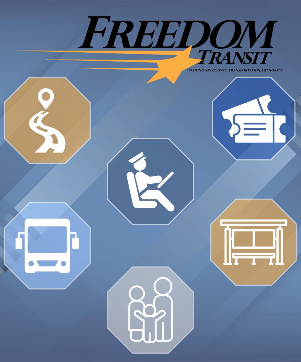 Logo with blue background bus icon, map icon, ticket icon, bus shelter icon, and family icon