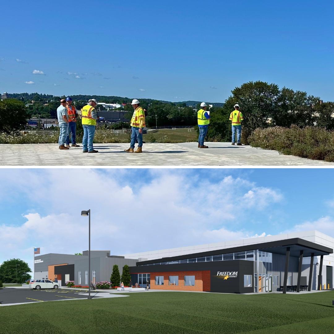 Employees in hard hats and vests at future maintenance facility and rendering of projected building