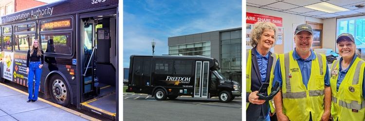 Woman by bus black shared ride bus operators in vets