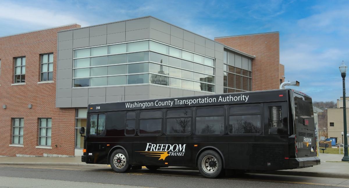 Bus parked in front of transit center