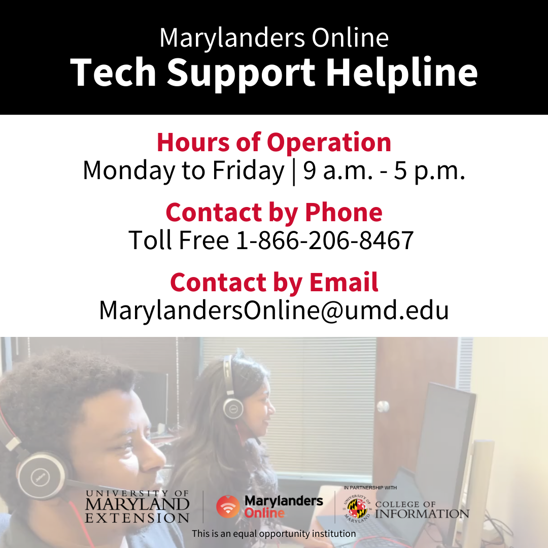 "Graphic featuring Marylanders Online team members answering phone as at the Helpline, featuring the information listed in paragraph below.