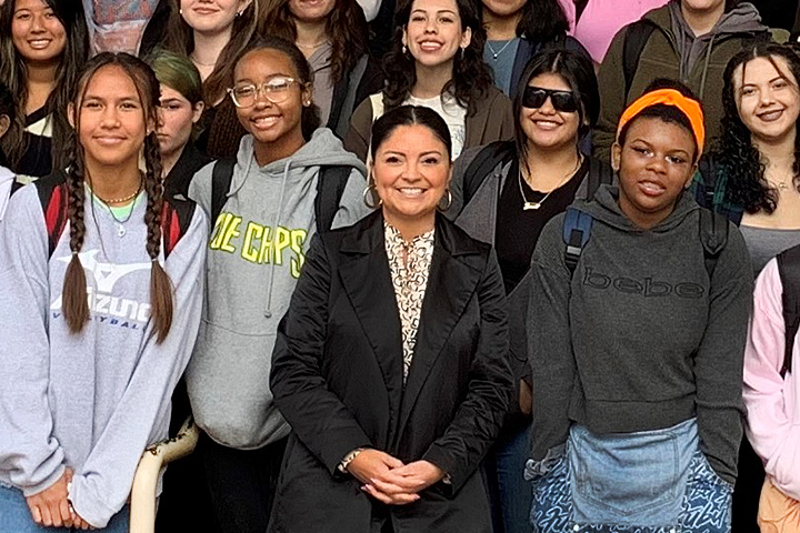 California State Senator Lena A. Gonzalez and Lakewood High School students