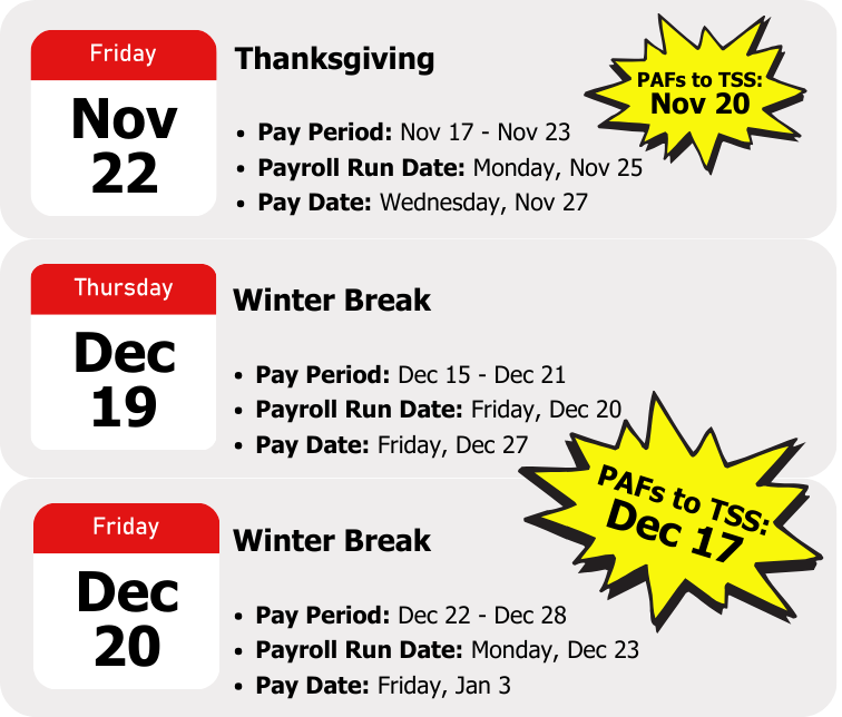 Time Entry Deadlines: November 22nd, December 19th & December 20th. PAF Deadlines: November 20th and December 17th, respectively