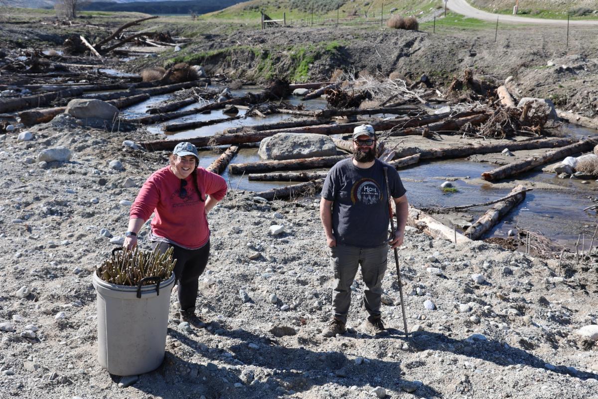 Maintenance project, two people in front of a stream, beaver dam analogue in background and willow stakes in a bucket.