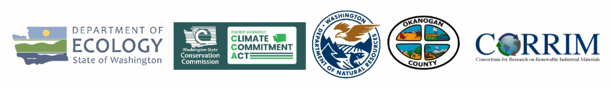 Photos of logos: The Washington Department of Ecology, The Washington Conservation Commission Climate Commitment Act. The Washington Department of Natural Resources, Okanogan County, and , CORRIM Consortium for Research on Renewable Industrial Materials. 
