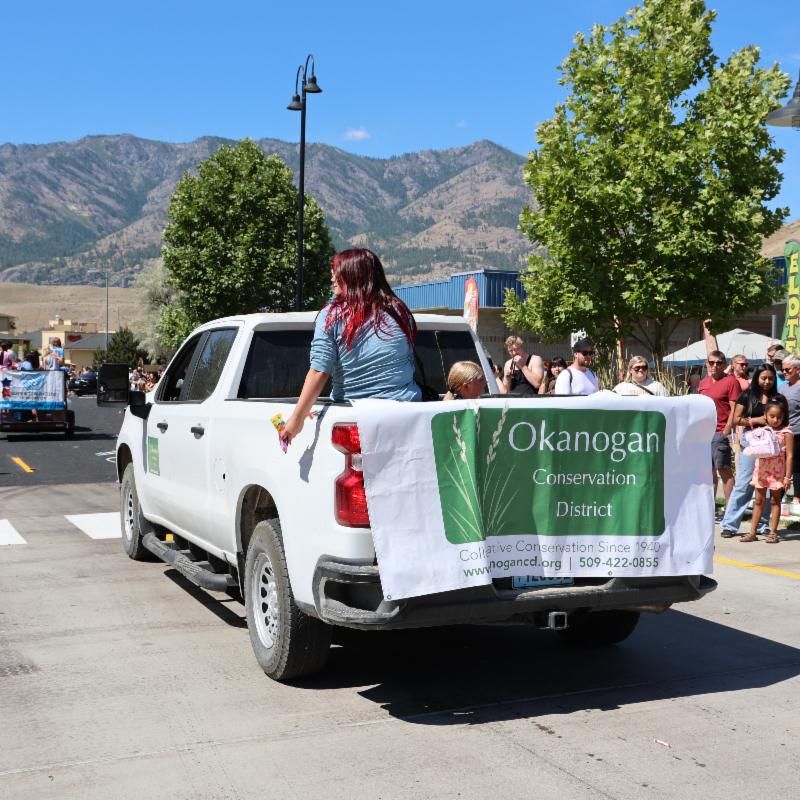 A white truck with a banner reading Okanogan Conservation District drives down the road in a parade. A volunteer is in the truck bed throws candy.