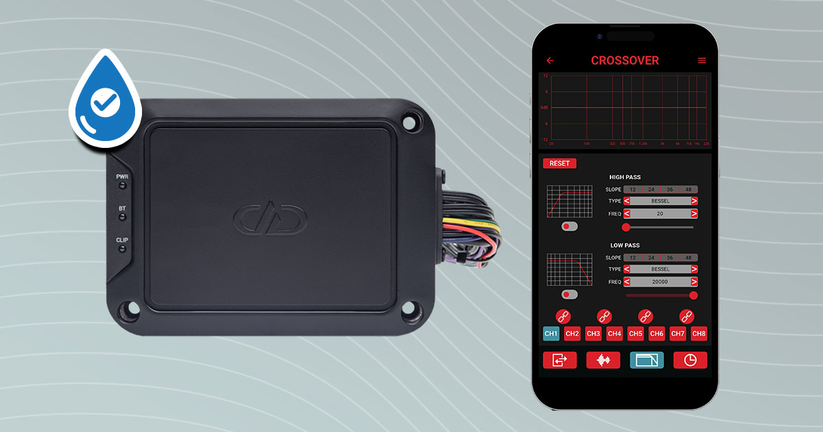graphic of dsi x2 digital signal processor facing forwards showing logo with waterproof checkmark water icon next to a mobile phone showing the app on screen