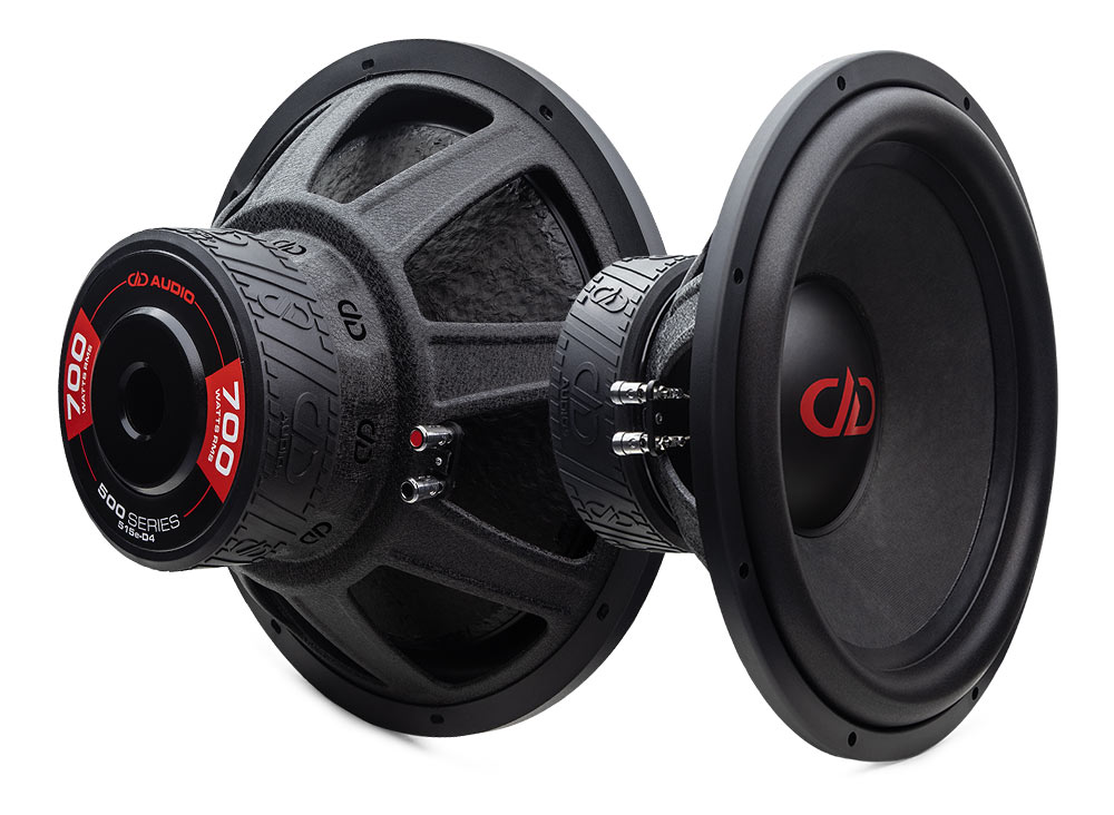 two 15 inch 500 series subwoofers showing two slanted views of front and back
