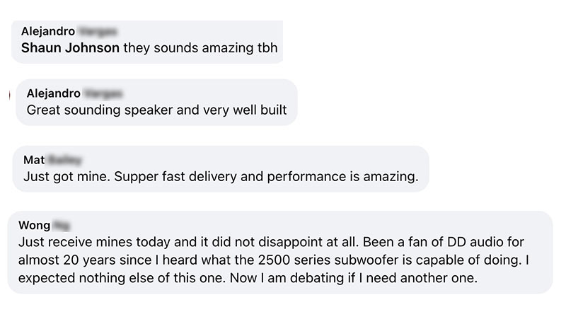 screen captures of four great reviews of the Rager Pro speaker from end users on social media