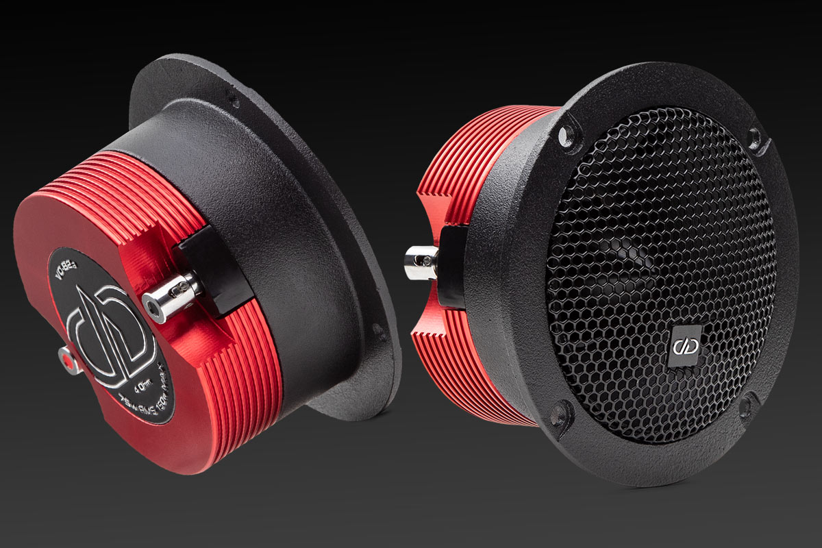 VO B2a 1.5 inch bullet tweeter with red heatsink back slanted view of back plate and side and front slanted view of grill and part of heatsink
