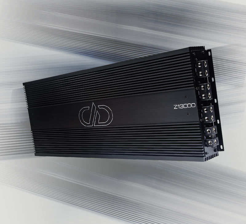 Z series Z13000 amplifier view of top of heatsink with logo and model name engraving and side view of power panel