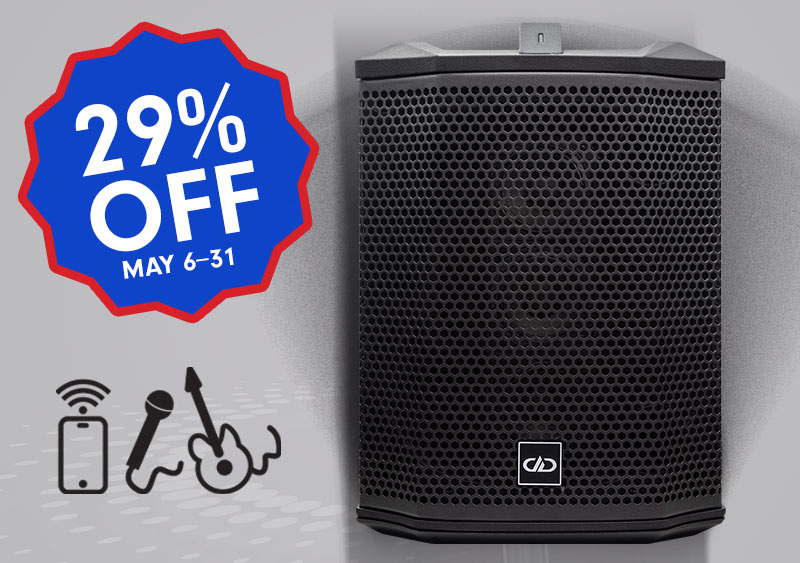 rager pro wireless pro audio speaker sale graphic with 29 percent off on blue starburst and icons for wireless streaming karaoke mic and guitar