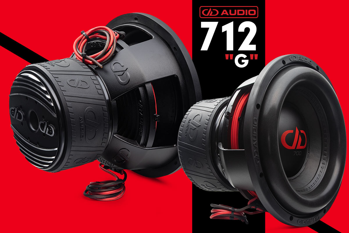 graphic of 712g subwoofer with two photos of the subwoofers showing two different views slanted back and slanted front