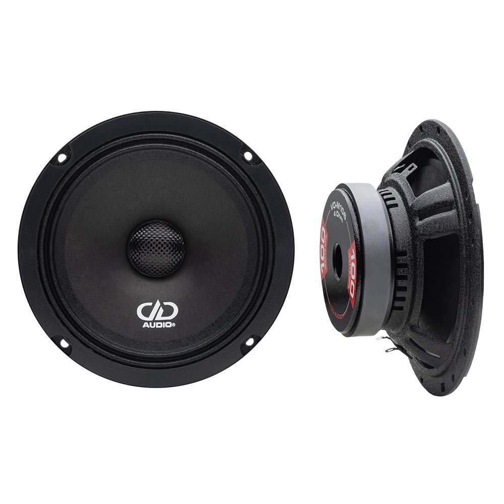 photo of set of vo m106 six and a half inch midrange speakers showing tow views front view and back slanted view of motor and part of basket
