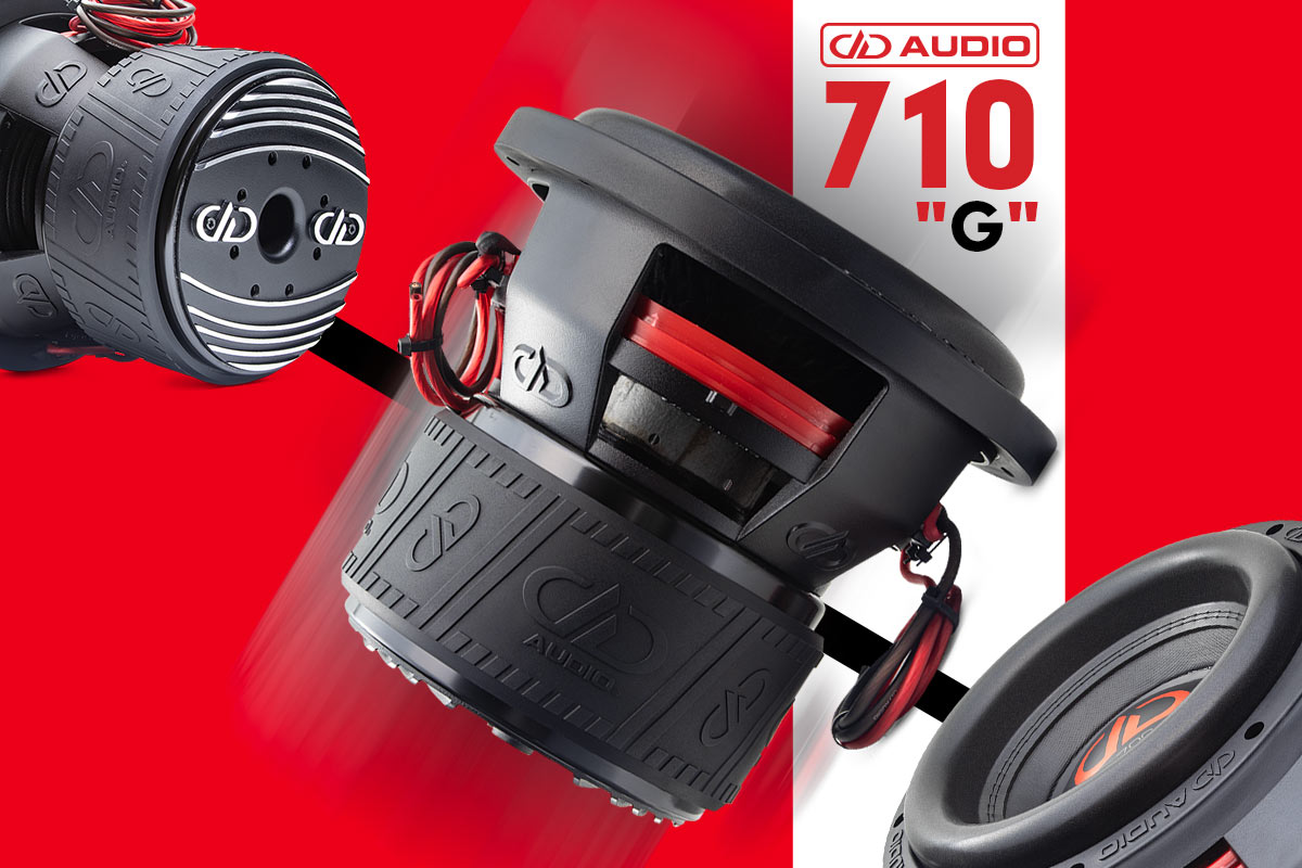 graphic of 10 inch 700g series subwoofers showing three different angled views and text 710g