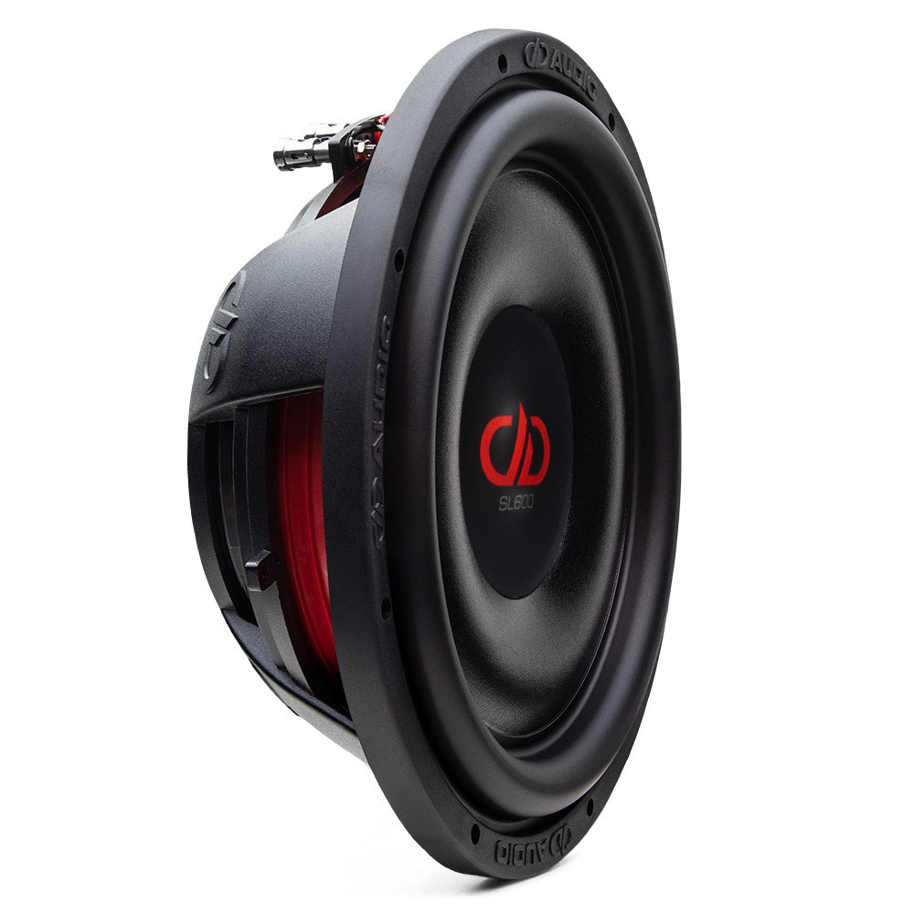 12 inch SL600 slim subwoofer slanted right showing part of front dust cap cone and surround plus side view of back motor