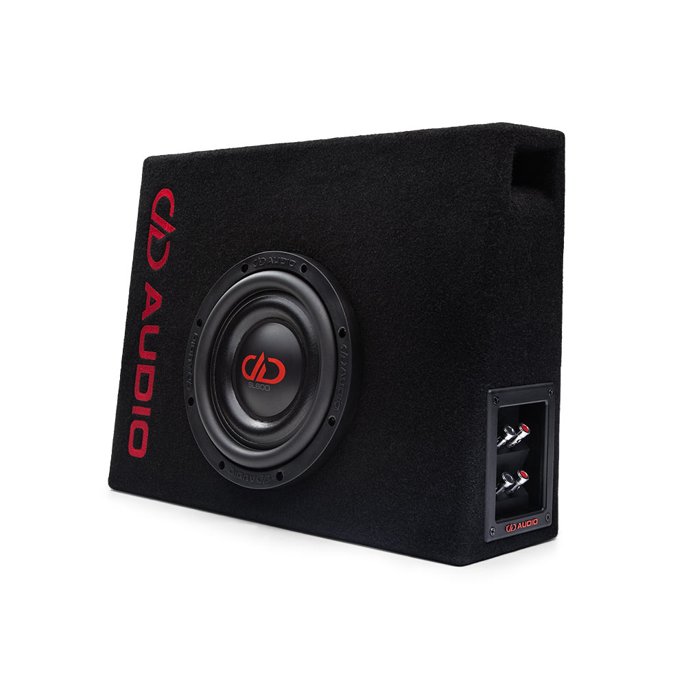 8 inch loaded truck wedge enclosure slanted left showing connection panel and port and view of subwoofer and logo