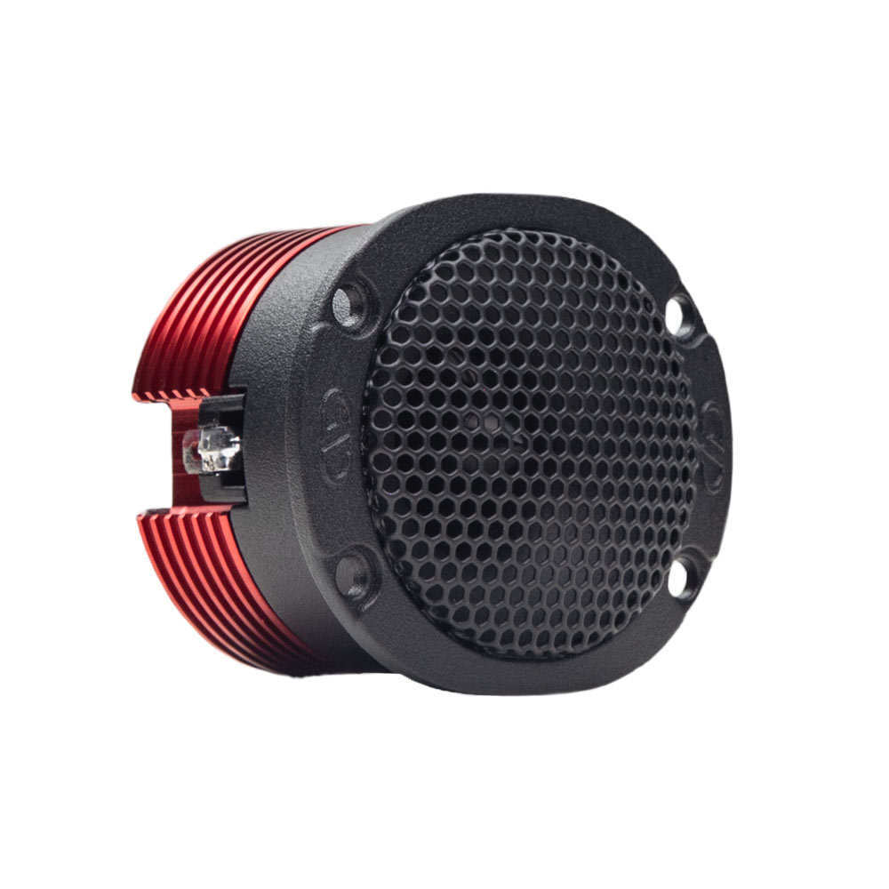 photo of VO B1c one inch bullet tweeter slanted right showing grill and part of red motor heatsink and housing