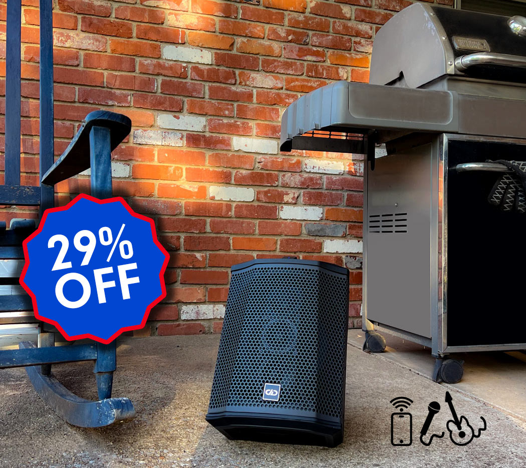 rager pro wireless pro audio speaker by a rocking chair and grill with sale graphic with 29 percent off on blue starburst and icons for wireless streaming karaoke mic and guitar