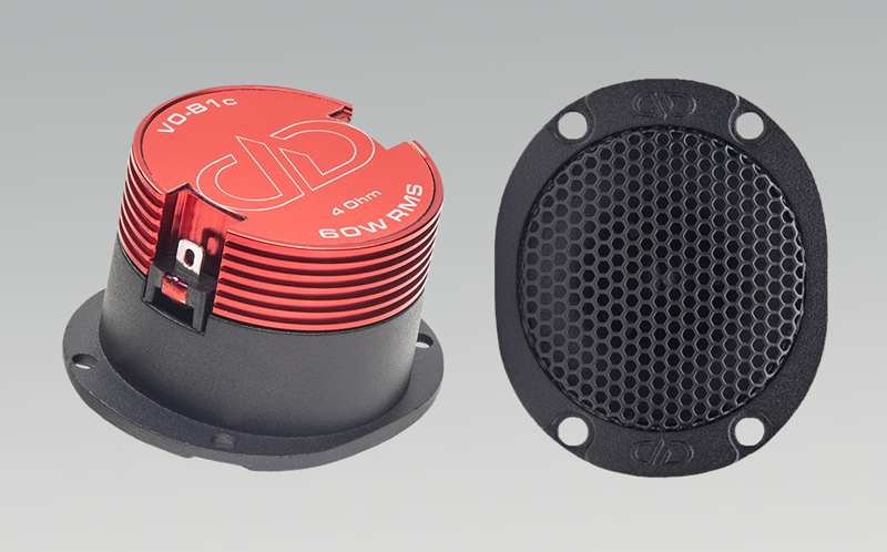 photo of pair of VO B1c bullet tweeters one showing slanted view of back of motor and the other showing front view of grill and logos