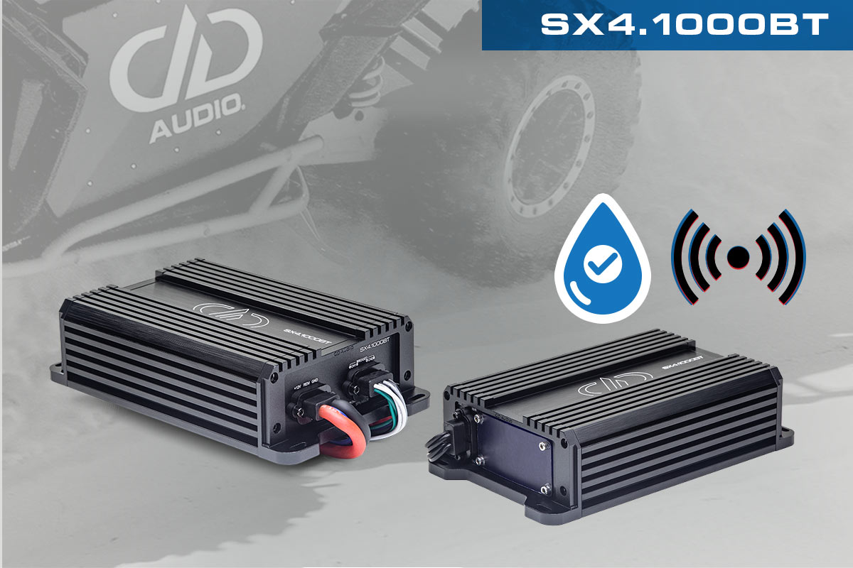graphic of of SX4 1000BT power sports amplifier with opaque cropped image of off road vehicle in background and amps in foreground with waterproof and wireless icons