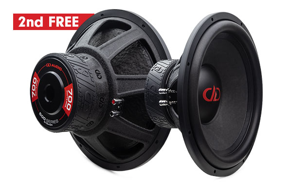photo of two 15 inch 500 series subwoofers staged to show two angles with words next to one stating 2nd free