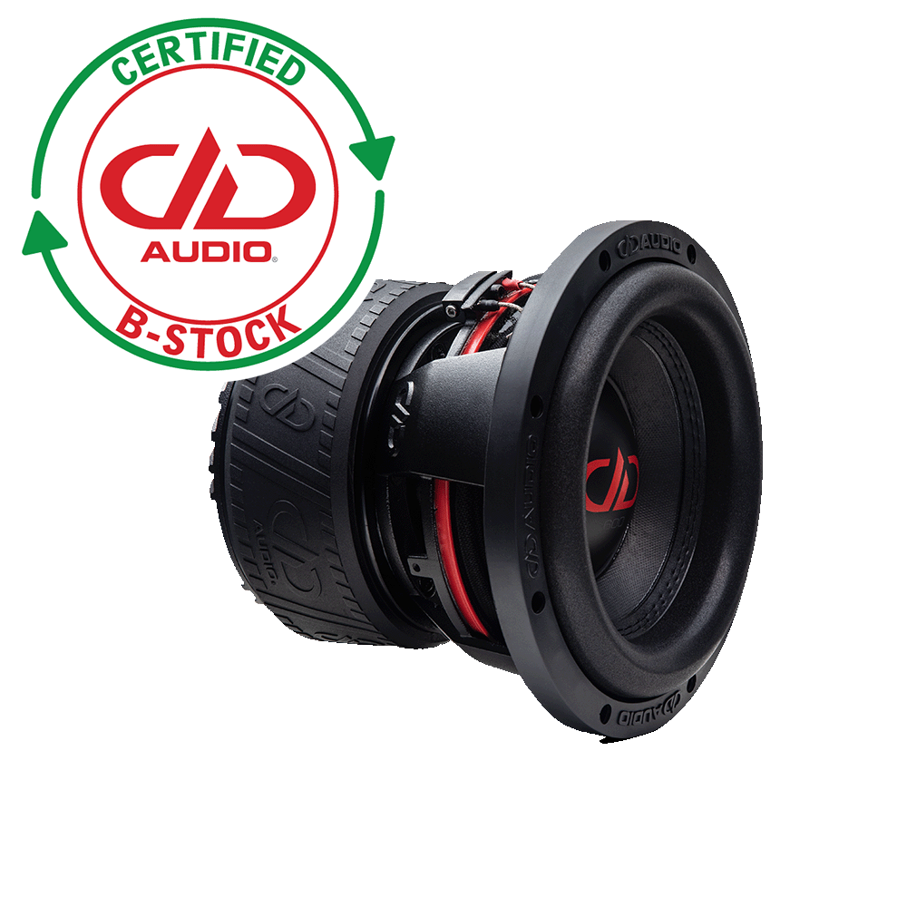 608f subwoofer slanted right showing side of motor frame and par to logo dust cap and surround with a b stock icon next to it