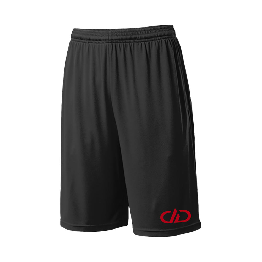 black sport shorts branded with new dd audio logo on bottom left leg