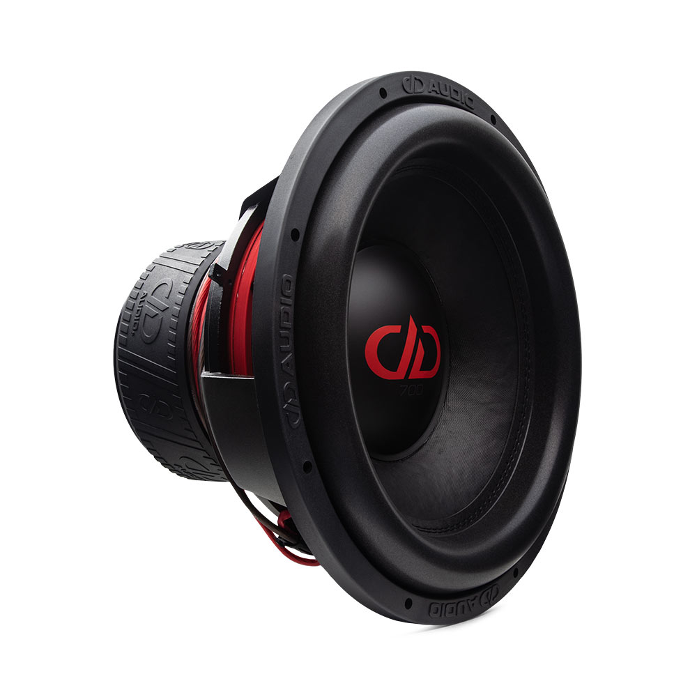 15" 700f series subwoofer photo slanted right side showing dust cap logo cone and surround and part of back side of motor