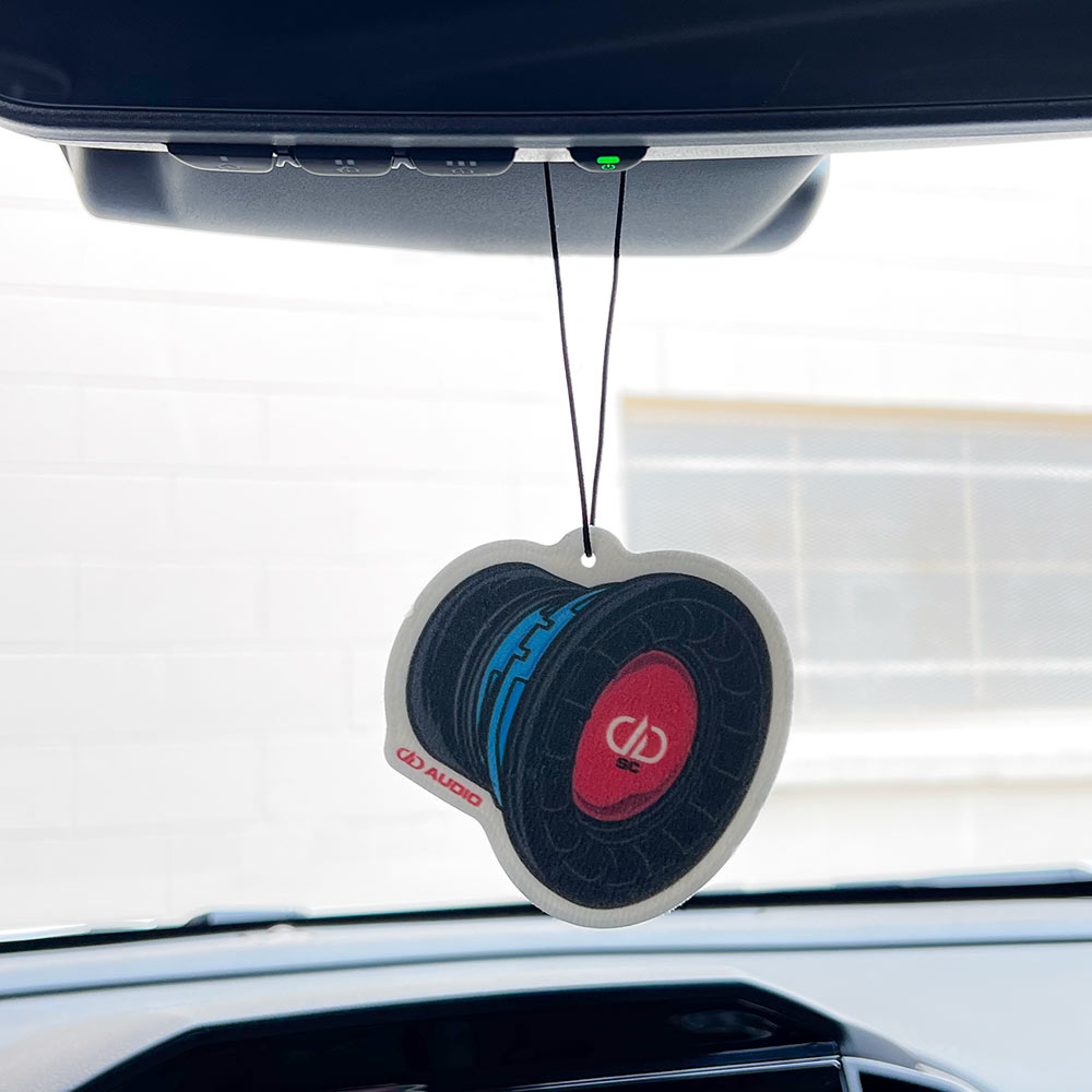 dd audio subwoofer full color die cut air freshener handing on rear view mirror