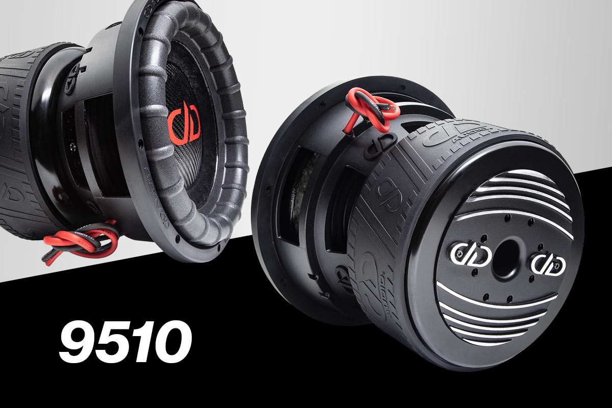 graphic with two photos of the 10 inch 9500 subwoofer showing two different views one of back of moto and one of slanted front right view