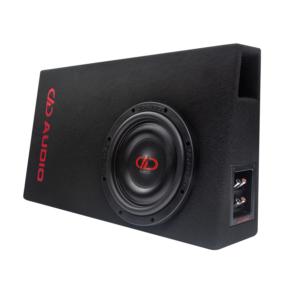 single 10 inch slim wedge loaded enclosure with black carpet wrap and loaded with sl600 subwoofer