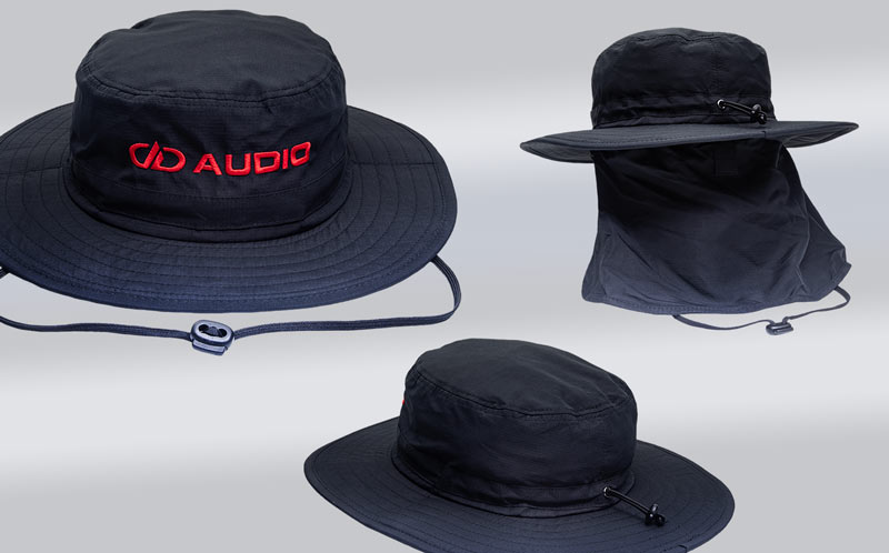 graphic with 3 different photos and angles of a black wide brim hat with dd audio logo in red embroidered on front